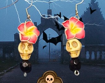 Festive Halloween Flower Skull Earrings • Day of the Dead Dangle • Floral Skull