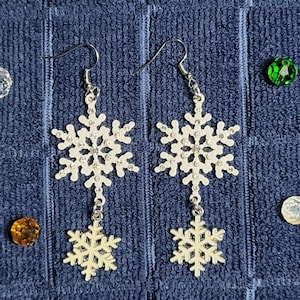 Holiday Christmas Double Snowflake Earrings • Dangling Snowflakes and Ornament In Style • Brilliant for the Holiday Season!