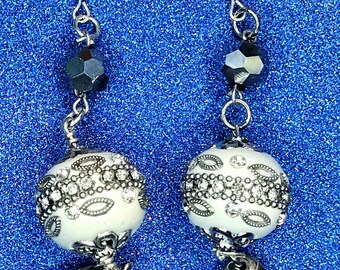 Chic Dangling Silver Earrings with White Bedazzled Ball & Swirl Accents