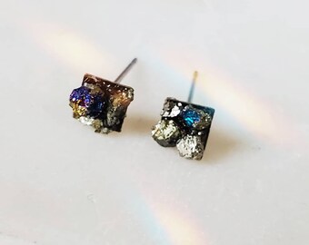 Crushed Peacock Ore Pyrite Studs, Mom's Day Gifts For Her, Grad Gift, Cute Earrings, Vibrant Blue Chalcopyrite Crystals, Rough Stone Jewelry
