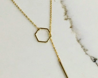 Honeycomb Lariat Y Necklace, Mother's Day Gifts For Her, Drop Through Geometric Charm Necklace, Minimalist Long Bar Layering Necklace