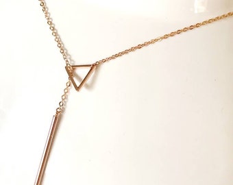 Triangle Lariat Y Drop Through Necklace, Mother’s Day Gift For Her, Minimalist Long Bar Layering Delta Necklace, Handmade Jewelry