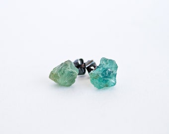 Deep Blue Apatite Rough Stone Studs, Graduation Gifts For Her, Mom Gift, Cute Earrings For Sensitive Ears, Natural Raw Uncut Crystals