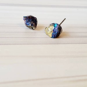 Raw Peacock Ore Studs, Cute Earrings, Mothers Day Gifts For Her, Rough Stone Jewelry, Ethically Sourced, Blue Gemstones image 1