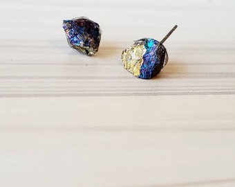 Raw Peacock Ore Studs, Cute Earrings, Mother’s Day Gifts For Her, Rough Stone Jewelry, Ethically Sourced, Blue Gemstones