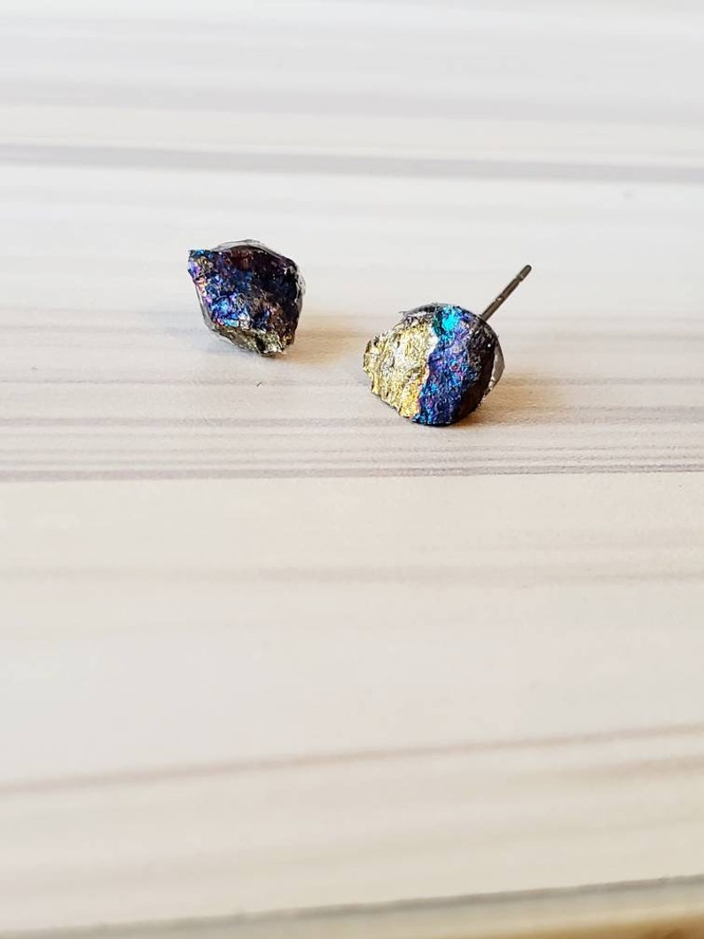 Raw Peacock Ore Studs, Cute Earrings, Mothers Day Gifts For Her, Rough Stone Jewelry, Ethically Sourced, Blue Gemstones image 1