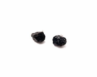 Uncut Black Tourmaline Studs, October Birthstones, Cute Earrings For Sensitive Ears, Jewelry Gifts For Mom, Rough Stone Earrings