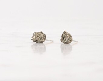 Raw Golden Pyrite Studs, Cute Earrings For Sensitive Ears, Mother's Day Gifts For Her, Uncut Rough Stone Studs, Sparkling Natural Earrings