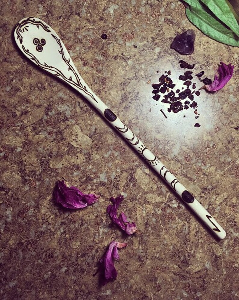 Kitchen witch spoon or wand woodburned moon phase celtic