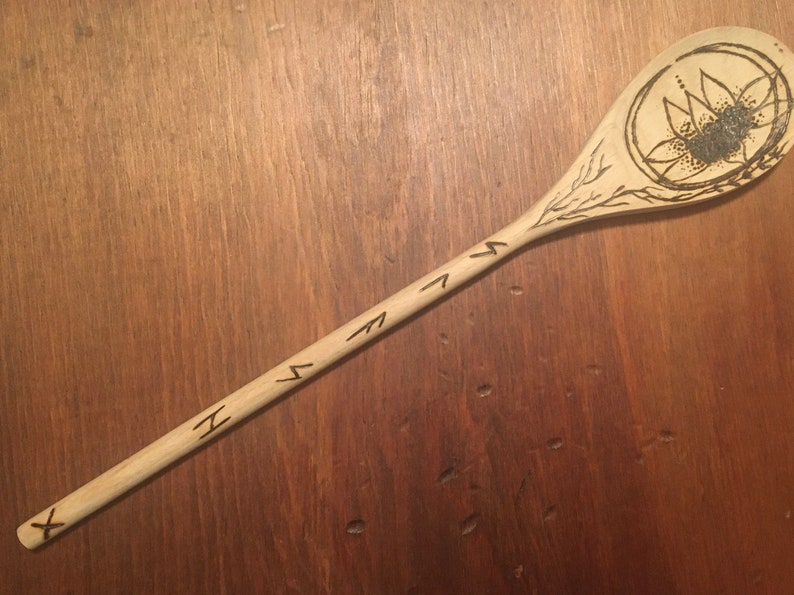 Kitchen witch spoon or wand wood burned lotus flower and