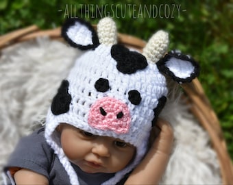 Crochet Cow Hat | Halloween Costume | Barnyard Photo Prop | Baby Toddler Child Adult Sizes Available