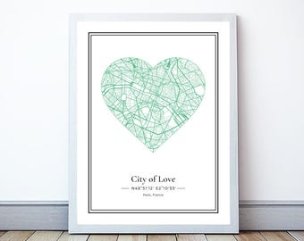 Personalized Map, Heart Map Print, Map, Wedding Anniversary Gift, Gift for Girlfriend, Hometown Gift, Gift for Couple, Valentines Day Decor