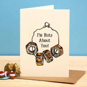 May include: A white card with a drawing of a chain of rusty nuts and the text "I'm Nuts About You!"