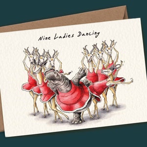 Neuf dames dansant carte de Noël - carte douze jours de Noël - carte de vœux drôle - hippopotame