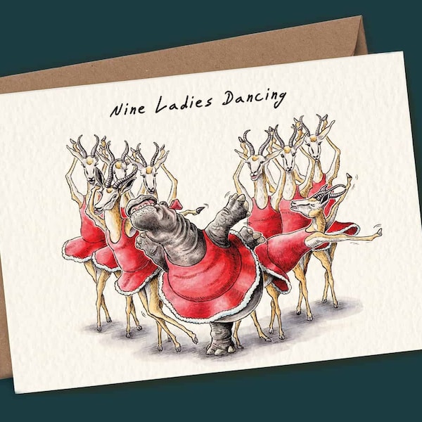 Nine Ladies Dancing Christmas Card - Twelve Days Of Christmas Card - Funny Holiday Card - Hippo Card