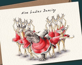 Nine Ladies Dancing Christmas Card - Twelve Days Of Christmas Card - Funny Holiday Card - Hippo Card