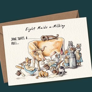 Eight Maids a-Milking Christmas Card - Cat Christmas Card - Cat Holiday Card - Cow Christmas Card - Funny Holiday Card