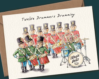 Carte de batterie de douze batteurs - carte de singe - carte de Noël drôle - orchestre de Noël