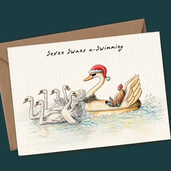 Carte de natation Seven Swans - Noël 12 jours - carte de Noël drôle - carte de vacances drôle - carte cygne - Noël douze jours