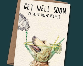 Dog Cone Card Dog Get Well Card Golden Retriever Feel Better Card