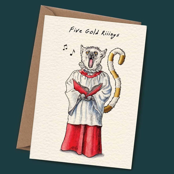 Five Gold Rings Card - Christmas Card - Funny Holiday Card - Christmas Pun Card - Lemur Card