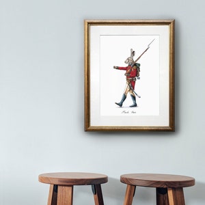 May include: A framed illustration of a rabbit dressed as a soldier, holding a rifle and marching forward. The illustration is titled "March Hare".