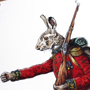 May include: A hand-drawn illustration of a rabbit dressed as a soldier. The rabbit is wearing a red uniform with gold buttons and a green backpack. The rabbit is holding a rifle in its right paw and has a determined expression on its face.