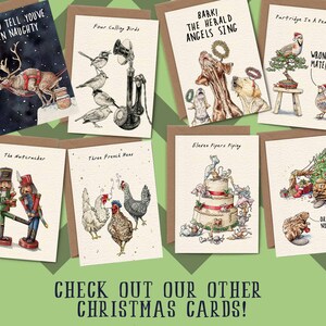 May include: A set of 10 illustrated Christmas cards featuring humorous takes on the 12 Days of Christmas. The cards are printed on brown cardstock with white borders. The cards feature illustrations of a reindeer, birds, dogs, a partridge, a nutcracker, hens, pipers, and a beaver.