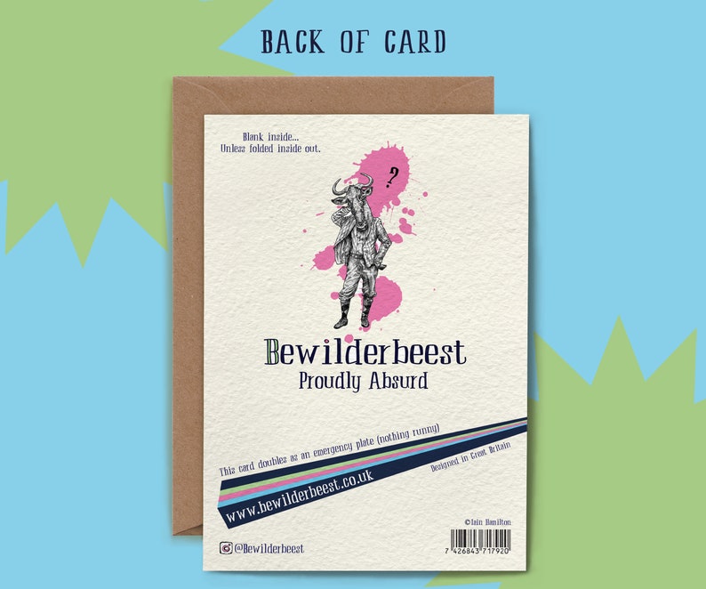 May include: A greeting card with a brown envelope. The card features a whimsical illustration of a bull-headed figure in a suit, with pink splatters and the text "Bewilderbeest Proudly Absurd." The card also includes the website address www.bewilderbeest.co.uk.
