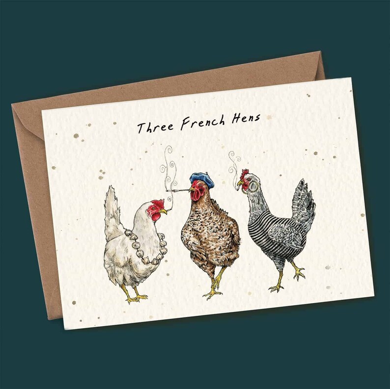 Three French Hens, Chicken Card, Funny Chickens Card, Funny Christmas Card, Chickens, Countryside Gift, Festive Card, Holiday Card, Hen Card