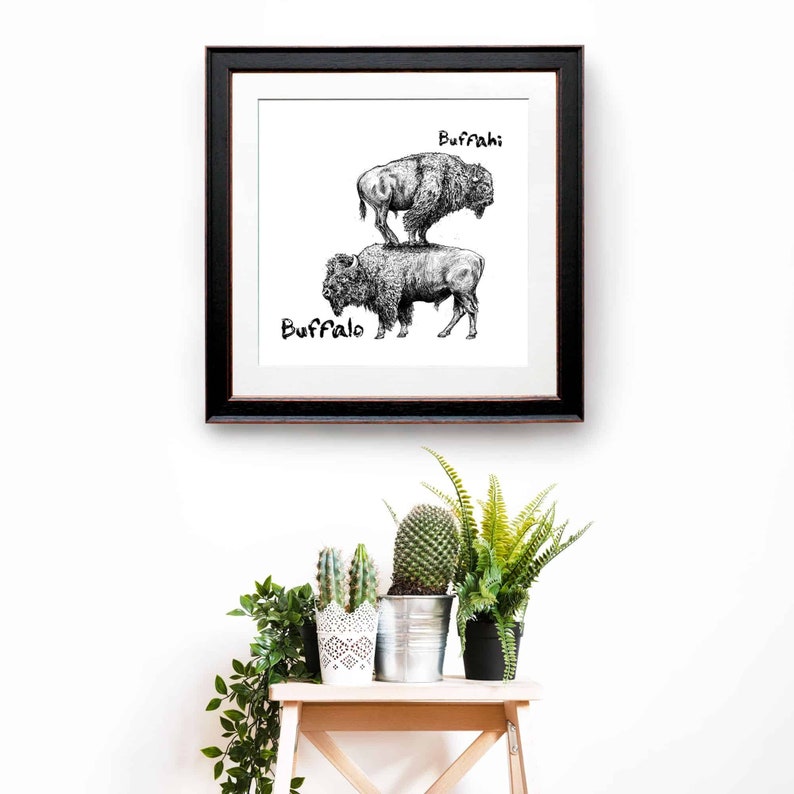 May include: Black framed art print featuring two buffalo, one standing on top of the other. The word "Buffalo" is written below the bottom buffalo, and "Buffahi" is written above the top buffalo. The print is displayed above a wooden stool with potted plants.