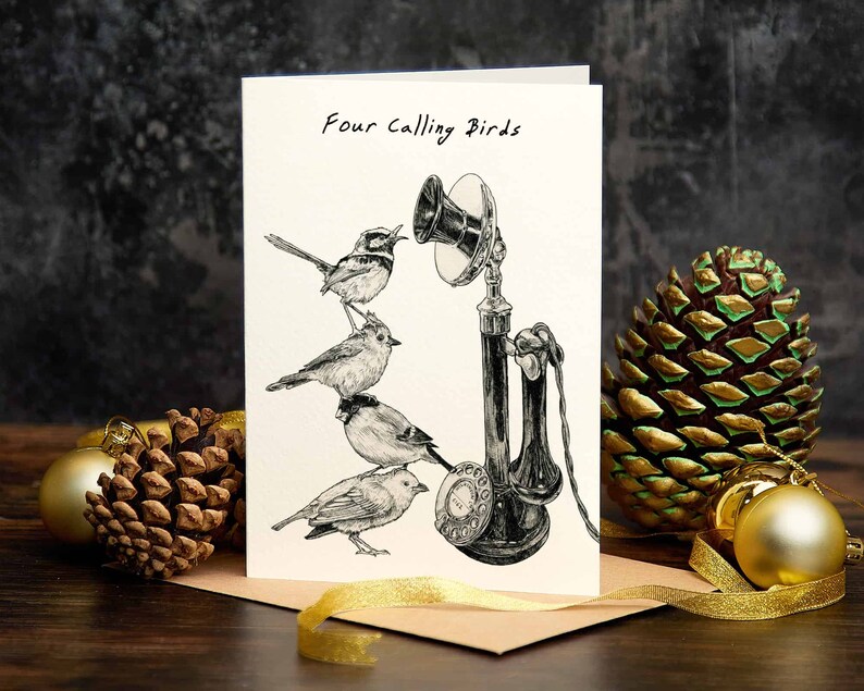 Four Calling Birds Christmas Card C04 Funny Christmas Card 12 Days of Christmas Bird Greeting Card image 4