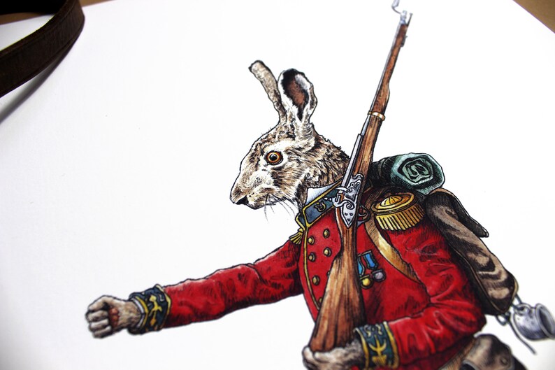May include: A hand-drawn illustration of a rabbit dressed as a soldier. The rabbit is wearing a red uniform with gold buttons and a green backpack. The rabbit is holding a rifle in its right paw and has a determined expression on its face.