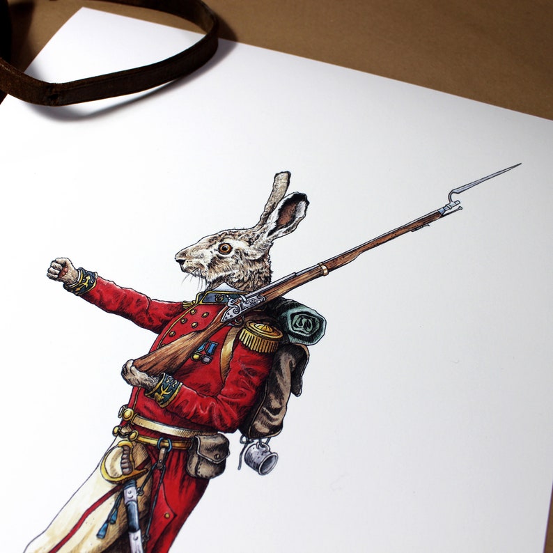 May include: A brown rabbit wearing a red military uniform with a brown backpack and a rifle. The rabbit is holding the rifle with its right paw and has its left paw raised in the air.