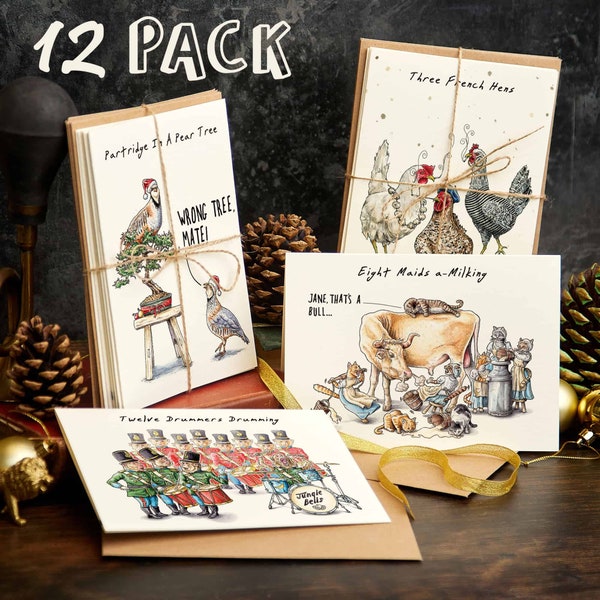 Lot de cartes Les douze jours de Noël - lot de cartes de vœux - lot de cartes de Noël - cartes de Noël rigolotes - lot de cartes de Noël