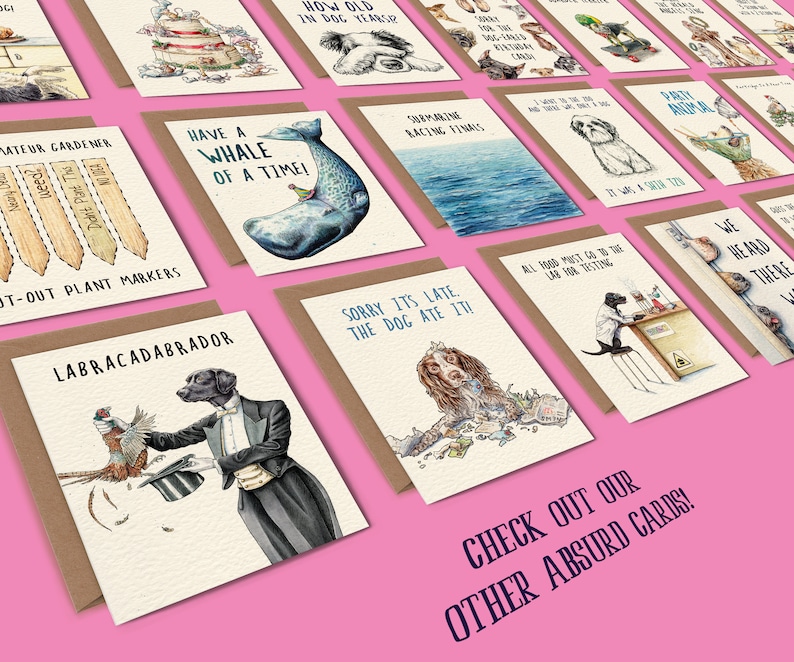 May include: A collection of humorous greeting cards featuring illustrations of animals and funny sayings. The cards are printed on brown paper with white text and are arranged in a fan shape on a pink background. The text on the cards includes phrases like "Have a whale of a time!" and "Sorry it's late, the dog ate it!"