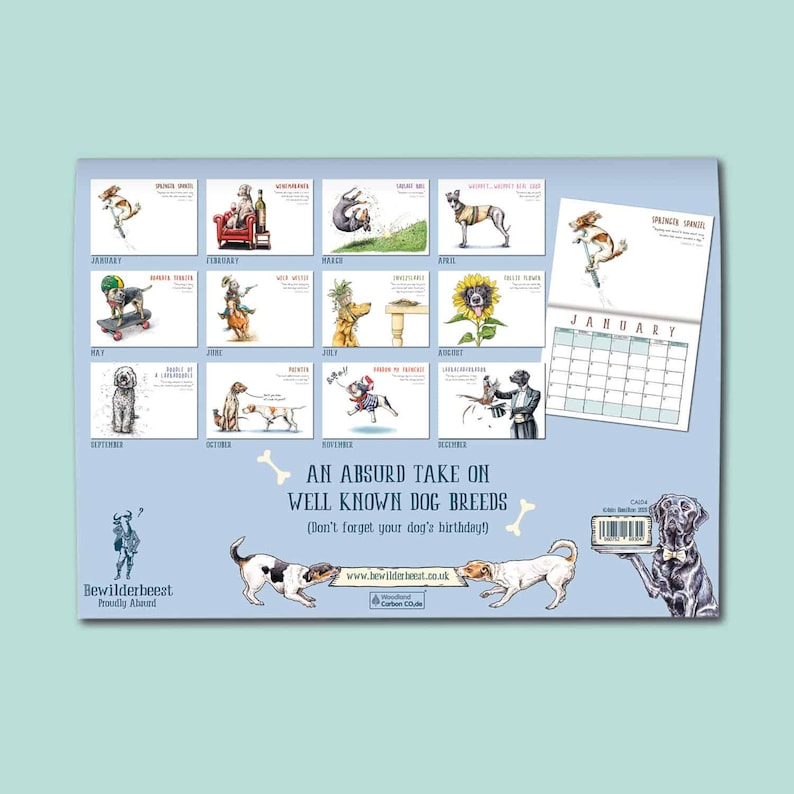 May include: A wall calendar featuring twelve whimsical watercolor illustrations of various dog breeds in humorous scenarios. The cover displays the title An Absurd Take on Well Known Dog Breeds, a website URL, and a black dog holding a serving tray.