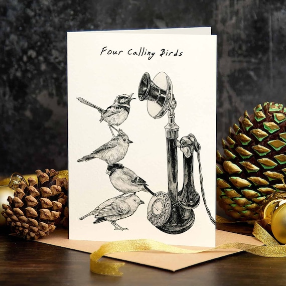 Four Calling Birds Christmas Card (C04) - Funny Christmas Card - 12 Days of Christmas - Bird Greeting Card