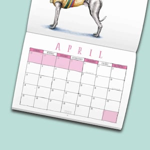 May include: A wall calendar page for the month of April featuring a hand-drawn illustration of a dog wearing a yellow sweater with colorful stripes. The calendar grid includes days of the week in pink headers and numbered dates in black ink.