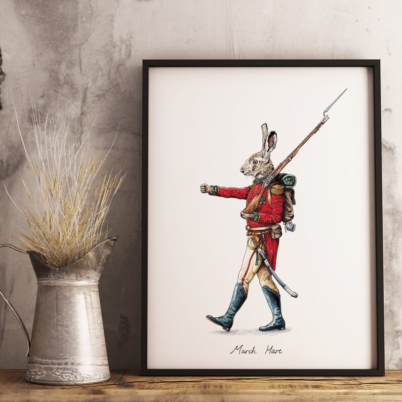 May include: A black and white illustration of a hare dressed as a soldier, holding a rifle and wearing a red coat, white pants, and a green backpack. The illustration is titled "March Hare".