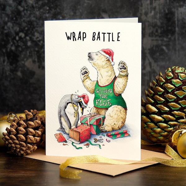 Christmas Wrap Battle (C14) - Funny Holiday Card - Cute Christmas Card