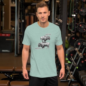 May include: A light blue t-shirt with a black and white illustration of two buffalo. The top buffalo has the word "ruffian" written above it. The bottom buffalo has the word "buffalo" written below it.