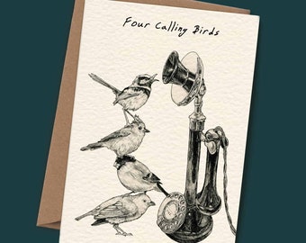 Four Calling Birds Christmas Card (C04) - Funny Christmas Card - 12 Days of Christmas - Bird Greeting Card