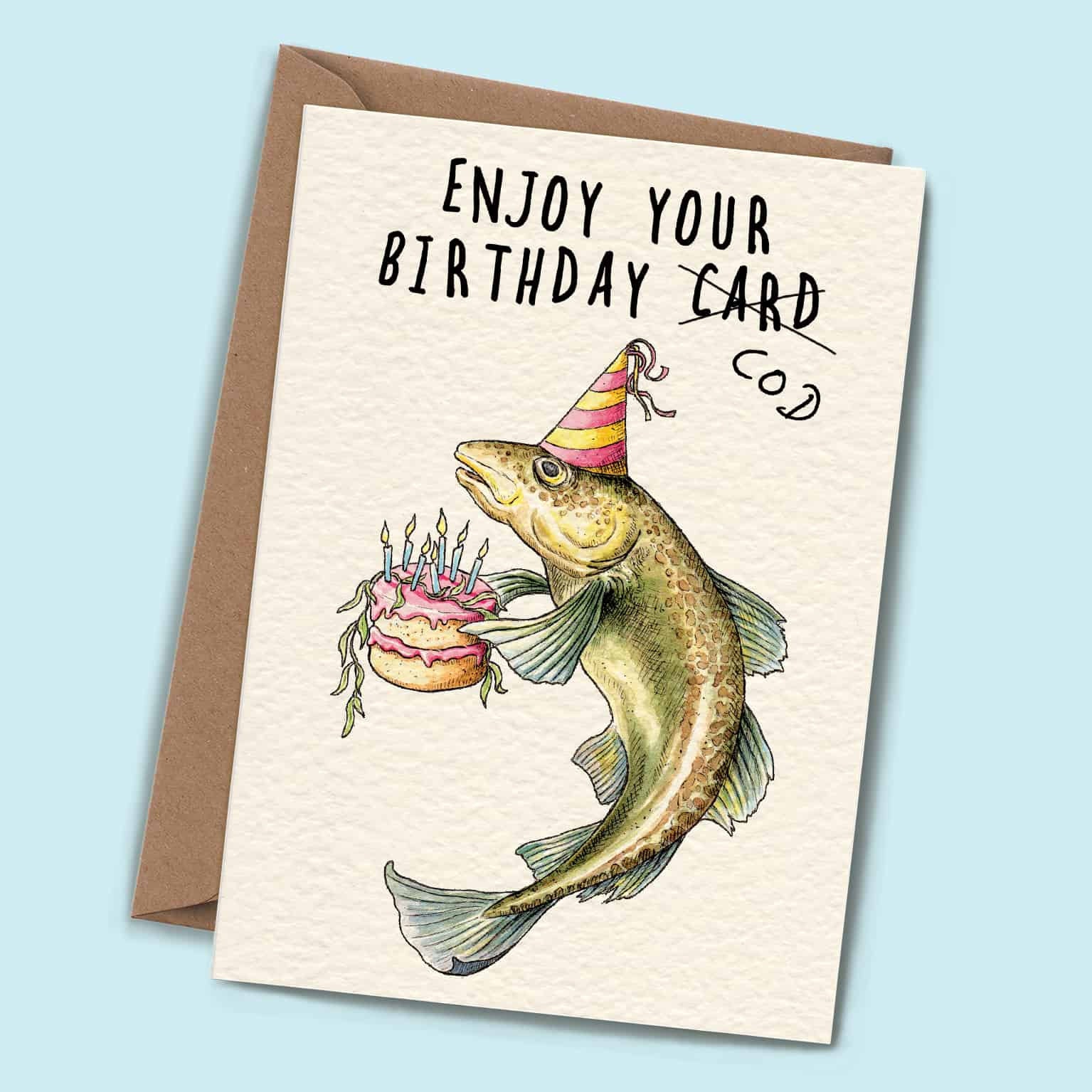 Funny Birthday Cod Greeting Card, Hilarious Fish with Colourful Birthday  Cone