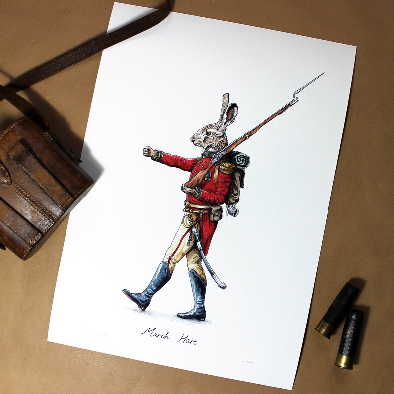 May include: A whimsical illustration of a hare dressed as a soldier, holding a rifle and wearing a red coat, white pants, and a black belt. The hare is marching forward with a determined expression. The illustration is titled "March Hare".