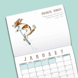 May include: A wall calendar page for January featuring a watercolor illustration of a brown and white Springer Spaniel jumping on a pogo stick. The text reads Springer Spaniel and a quote by Franklin P. Jones about the taste of soap.