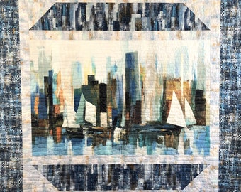 Modern City Bay With Sail Boats Handmade Throw Quilt