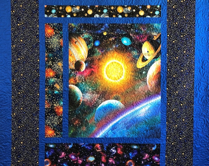 Outer Space Quilt, Solar System, Blue and Multi Color, Full Size