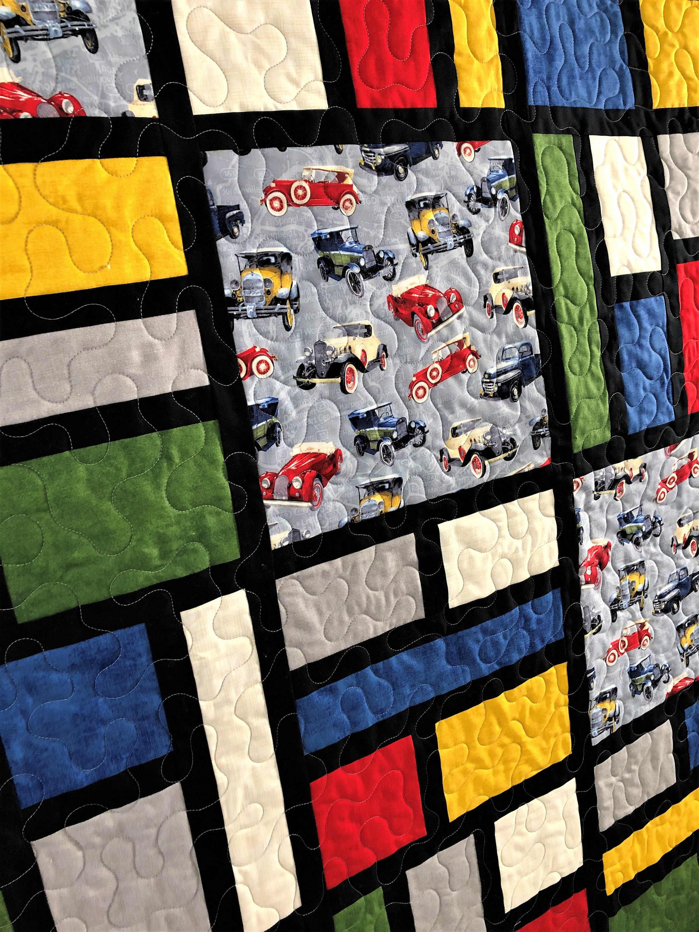 Vintage Car Quilt, Primary Colors Building Blocks, Modern Neoplasticism