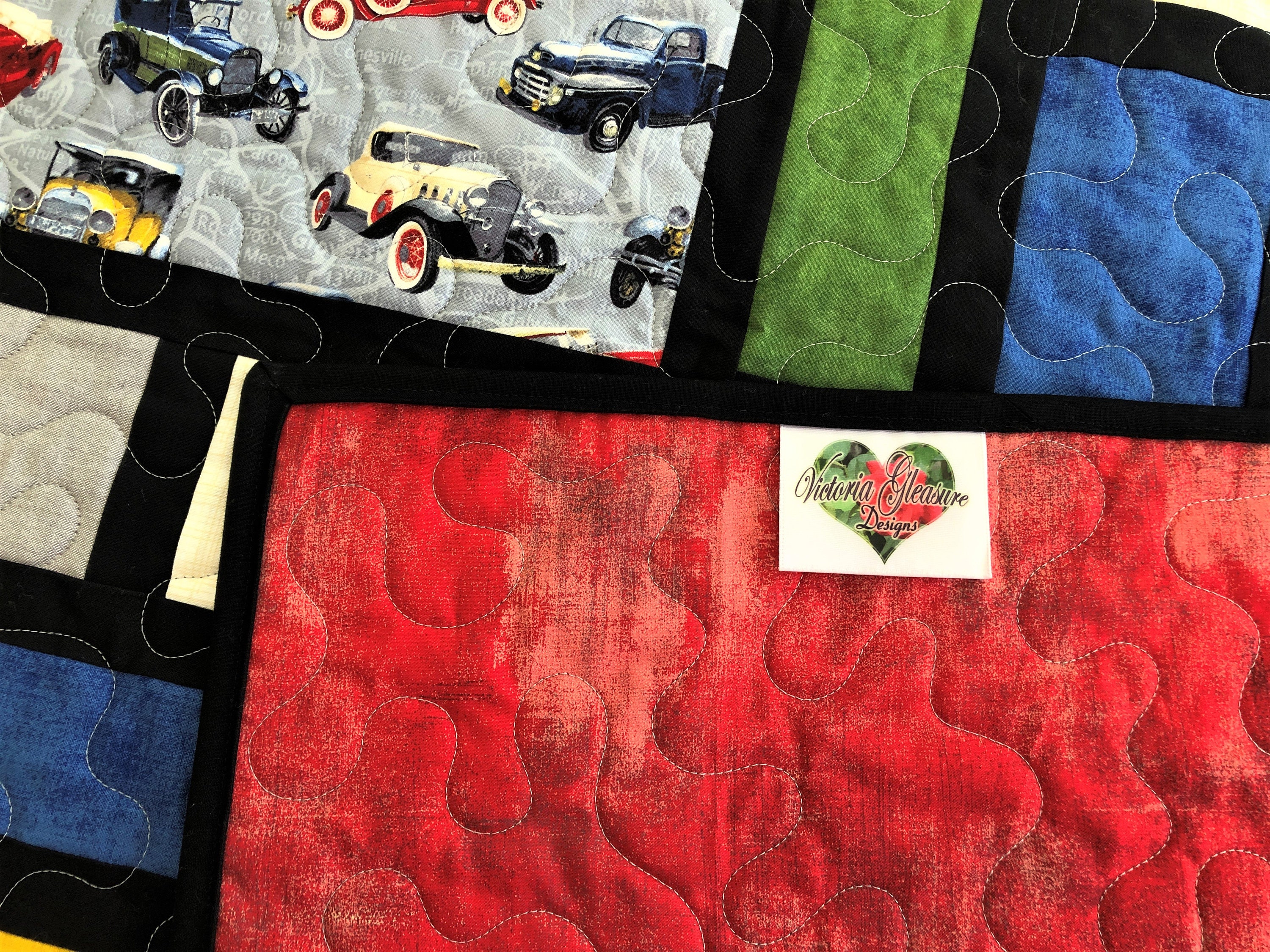 Vintage Car Quilt, Primary Colors Building Blocks, Modern Neoplasticism